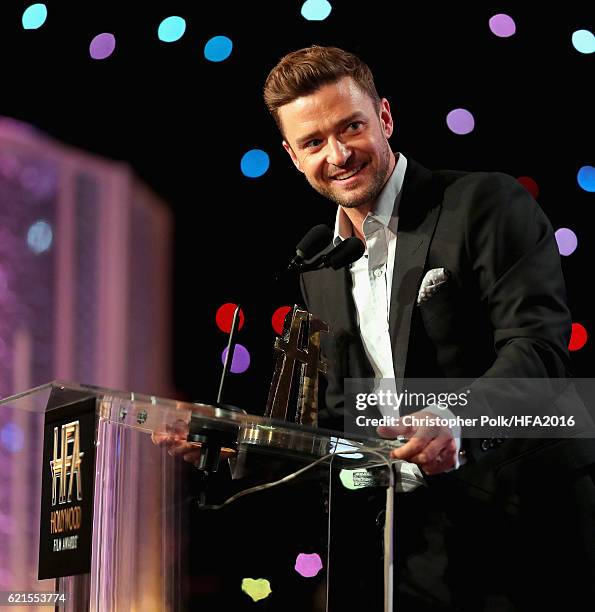 Recording artist Justin Timberlake, recipient of the "Hollywood Song Award" for "CAN'T STOP THE FEELING!", speaks attends the 20th Annual Hollywood...