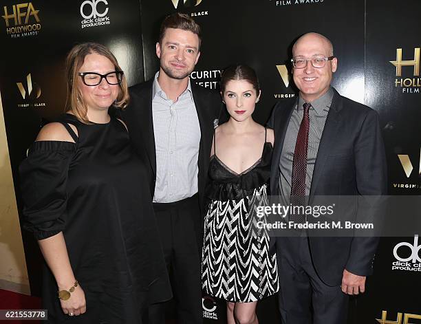 Producer Gina Shay, honoree Justin Timberlake, Hollywood Song Award recipient, actress Anna Kendrick and director Mike Mitchell pose in the press...