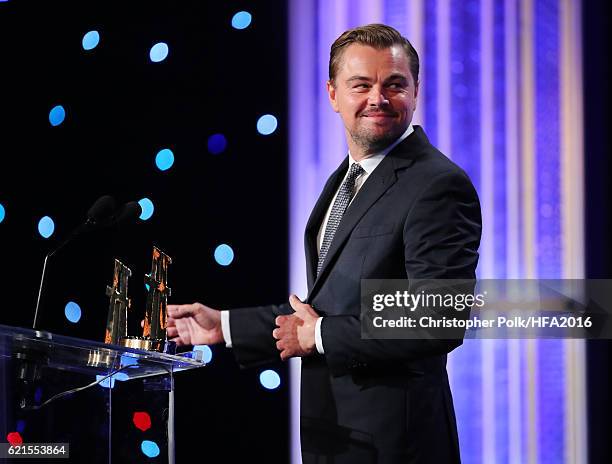 Producer Leonardo DiCaprio, recipients of the "Hollywood Documentary Award" for "Before The Flood", speaks onstage at the 20th Annual Hollywood Film...