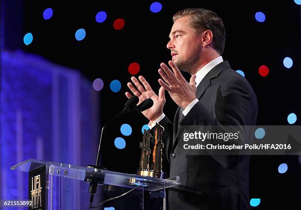 Producer Leonardo DiCaprio, recipients of the "Hollywood Documentary Award" for "Before The Flood", speaks onstage at the 20th Annual Hollywood Film...