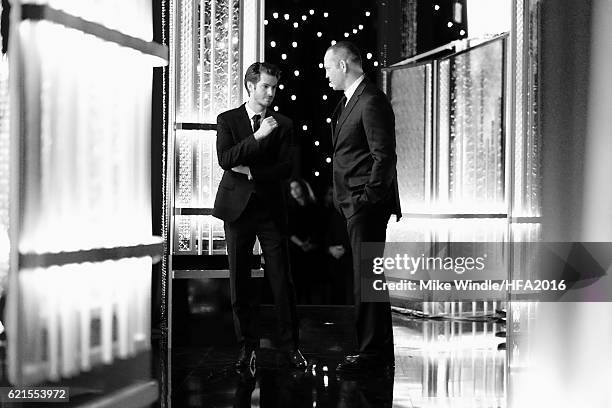 Actors Andrew Garfield and Vince Vaughn speak onstage during the 20th Annual Hollywood Film Awards at The Beverly Hilton Hotel on November 6, 2016 in...