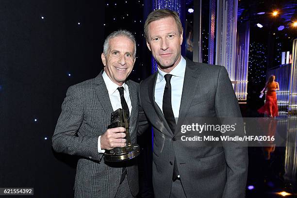 Honoree Marc Platt and actor Aaron Eckhart attend the 20th Annual Hollywood Film Awards at The Beverly Hilton Hotel on November 6, 2016 in Beverly...