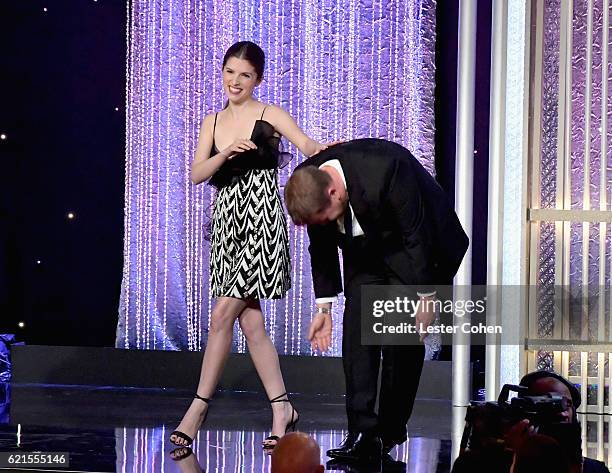 Actors Anna Kendrick and James Corden onstage during the 20th Annual Hollywood Film Awards at The Beverly Hilton Hotel on November 6, 2016 in Beverly...