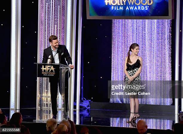 Actors Justin Timberlake and Anna Kendrick onstage during the 20th Annual Hollywood Film Awards at The Beverly Hilton Hotel on November 6, 2016 in...