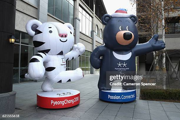 PyeongChang 2018 mascots are on display as construction continues ahead of the 2018 Winter Olympics on November 7, 2016 in Pyeongchang, South Korea.