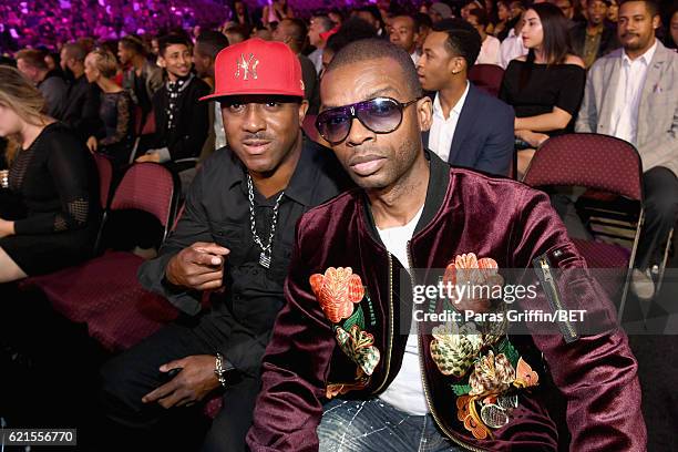 Recording artists Markell Riley and Aqil Davidson of Wreckx-n-Effect seen in the audience during the 2016 Soul Train Music Awards at the Orleans...