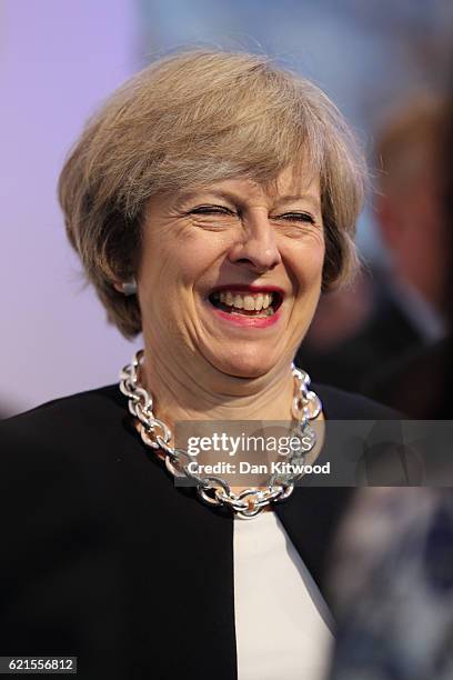 British Prime Minister Theresa May attends the India-U.K. 'Tech Summit' on November 7, 2016 in New Delhi, India. May is on a mission to reconnect the...