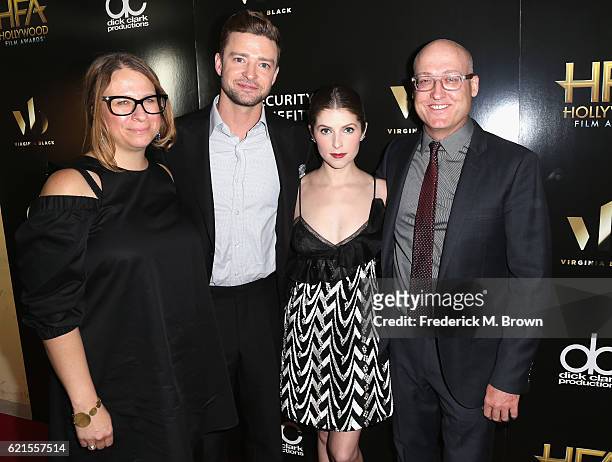 Producer Gina Shay, honoree Justin Timberlake, Hollywood Song Award recipient, actress Anna Kendrick and director Mike Mitchell pose in the press...