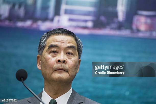 Leung Chun-ying, Hong Kong's chief executive, listens during a news conference in Hong Kong, China, on Monday, Nov. 7, 2016. China's top legislative...