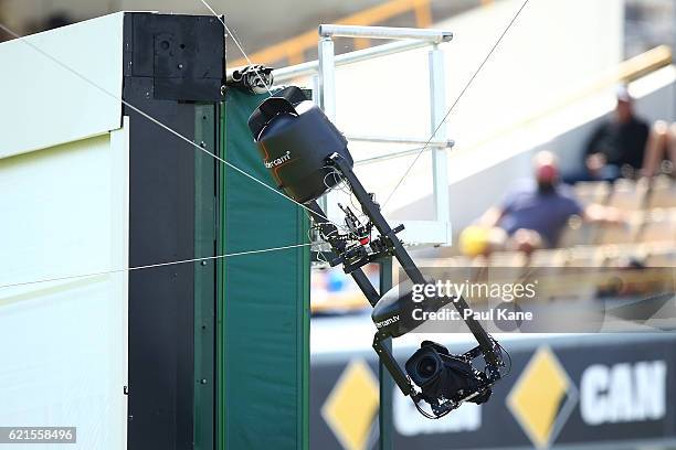 Spidercam gets caught up on the sightscreen during day five of the First Test match between Australia and South Africa at the WACA on November 7,...