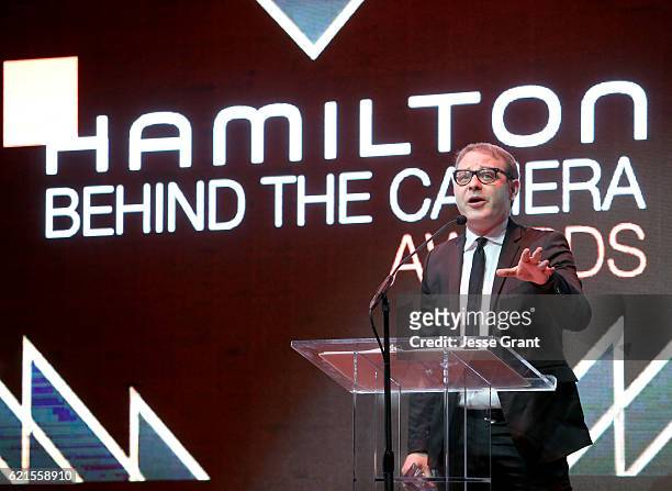 Honoree Axel Kuschevatzky speaks onstage during the Hamilton Behind The Camera Awards presented by Los Angeles Confidential Magazine at Exchange LA...