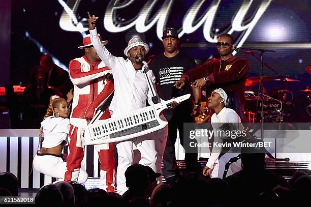 Recording artists Bobby Brown, Teddy Riley, Markell Riley and Aqil Davidson of Wreckx-n-Effect, and Damion Hall of Guy perform onstage during the...