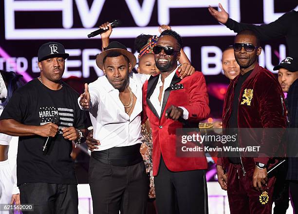 Recording artists Markell Riley of Wreckx-n-Effect, MAJOR, Aaron Hall and Aqil Davidson Wreckx-n-Effect onstage during the 2016 Soul Train Music...