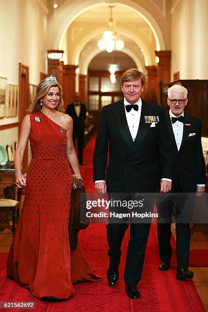 King Willem-Alexander and Queen Maxima of the Netherlands arrive during a state dinner at Government House on November 7, 2016 in Wellington, New...