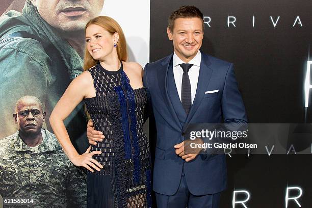 Amy Adams and Jeremy Renner arrive for the Premiere Of Paramount Pictures' "Arrival" at Regency Village Theatre on November 6, 2016 in Westwood,...