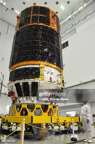 Minaminane, Japan - The Japan Aerospace Exploration Agency shows reporters at the Tanegashima Space Center on Tanegashima Island in Kagoshima...