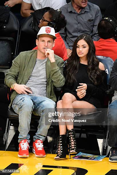 Rob Dyrdek and Bryiana Noelle Flores attend a basketball game between the Phoenix Suns and the Los Angeles Lakers at Staples Center on November 6,...