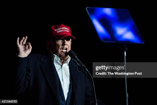 Republican presidential candidate Donald Trump speaks during a campaign event at an Atlantic Aviation hanger in Moon Township, PA on Sunday November...