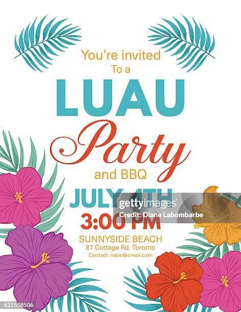 aloha hawaiian party invitation with hibiscus flowers and leaves - beach bbq stock illustrations