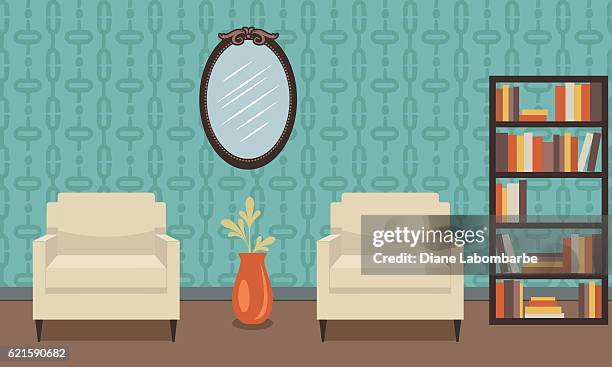 stockillustraties, clipart, cartoons en iconen met retro style living room with furniture - boekenplank