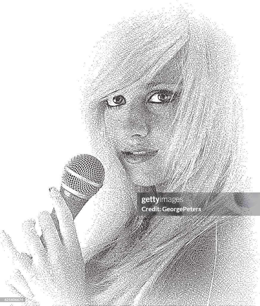 Young woman holding microphone and singing
