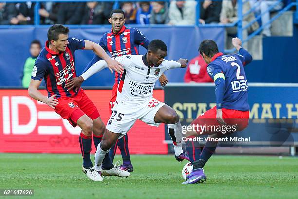 Wylan Cyprien of Nice during the Ligue 1 match between SM Caen and OGC Nice at Stade Michel D'Ornano on November 6, 2016 in Caen, France.