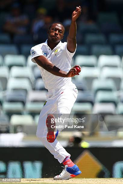 Kagiso Rabada of South Africa bowls during day five of the First Test match between Australia and South Africa at the WACA on November 7, 2016 in...