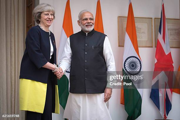 British Prime Minister Theresa May and her Indian counterpart, Narendra Modi, meet at Hyderabad House, the Indian Prime Minister's offices, on...