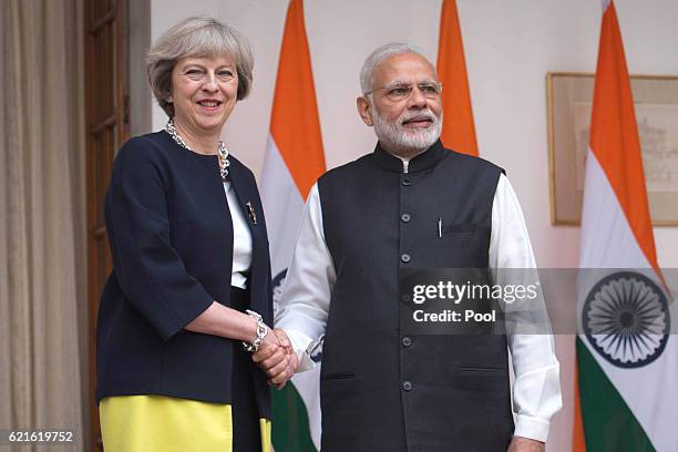 British Prime Minister Theresa May and her Indian counterpart, Narendra Modi, meet at Hyderabad House, the Indian Prime Minister's offices, on...