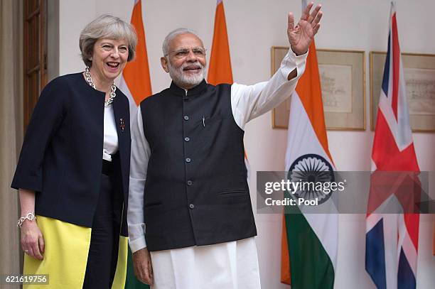 British Prime Minister Theresa May and her Indian counterpart, Narendra Modi, meet at Hyderabad House, the Indian Prime Minister's offices, on...