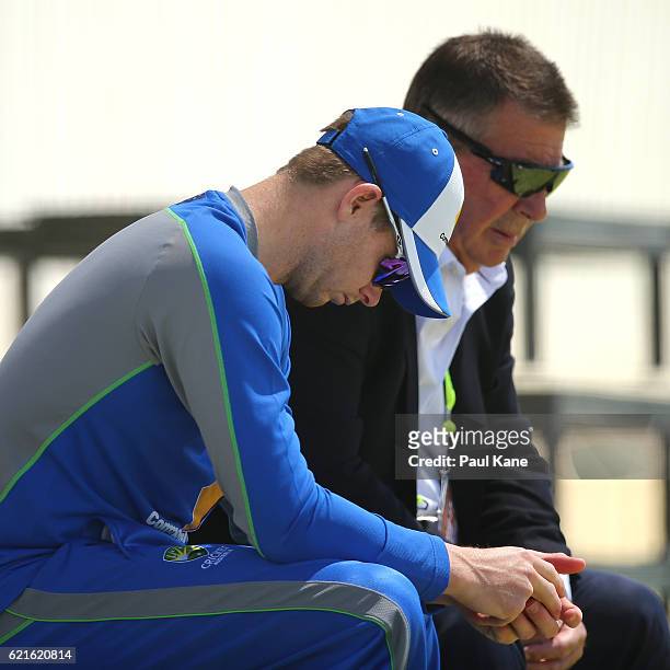 Steve Smith of Australia talks with Australian Chairman of Selectors Rod Marsh before start of play during day five of the First Test match between...
