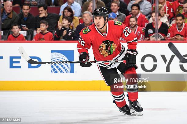 Jordin Tootoo of the Chicago Blackhawks skates in the first period against the Calgary Flames at the United Center on November 1, 2016 in Chicago,...