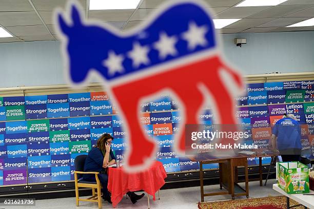 Terri Bridgwater makes calls to prospective voters at Hillary Clinton's Campaign Office November 5, 2016 in Lancaster, Pennsyvalnia. Pennsylvania's...