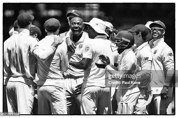 Kagiso Rabada of South Africa celebrates the wicket of Mitch Marsh of Australia during day five of the First Test match between Australia and South...