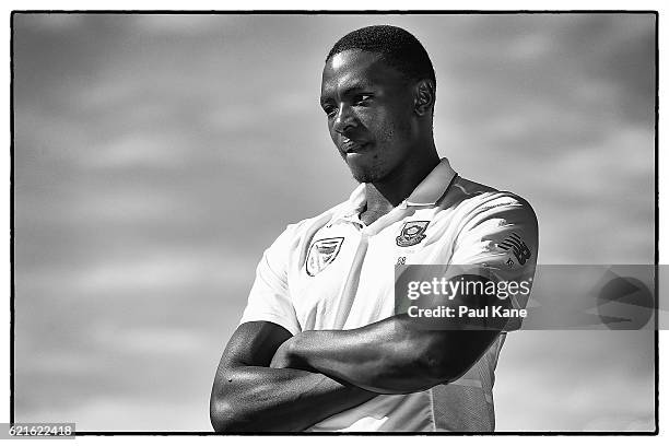 Kagiso Rabada of South Africa looks on after defeating Australia during day five of the First Test match between Australia and South Africa at the...