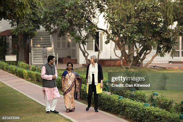 British Prime Minister Theresa May is greeted at the place of Mayatma Gandhi Martyrdom on November 7, 2016 in New Delhi, India. Mrs May is in India...