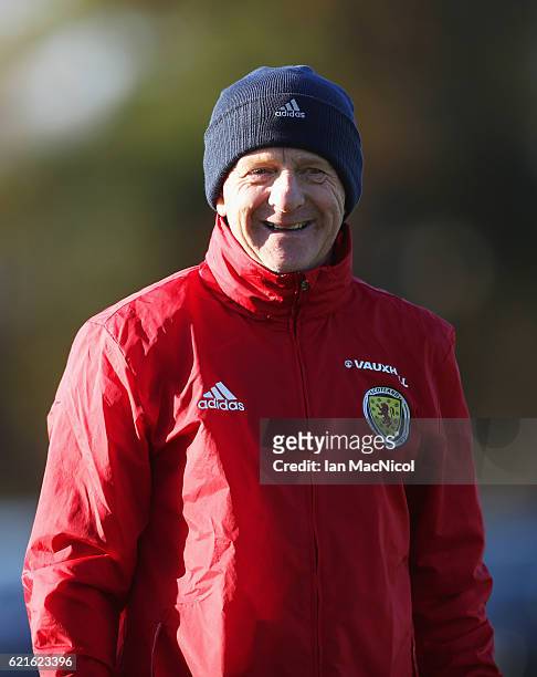 Gordon Strachan manager of Scotland smiles during a Scotland training session at Mar Hall on November 7, 2016 in Glasgow, Scotland. Scotland are due...