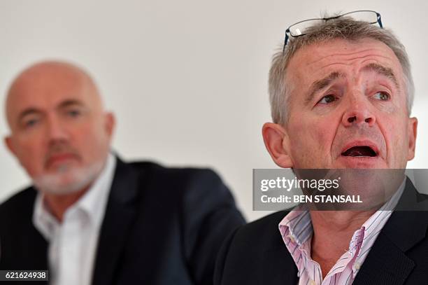 Ryanair Chief Commercial Officer David O'Brien , and Ryanair CEO Michael O'Leary attend a press briefing in London on November 7, 2016. Shares in...