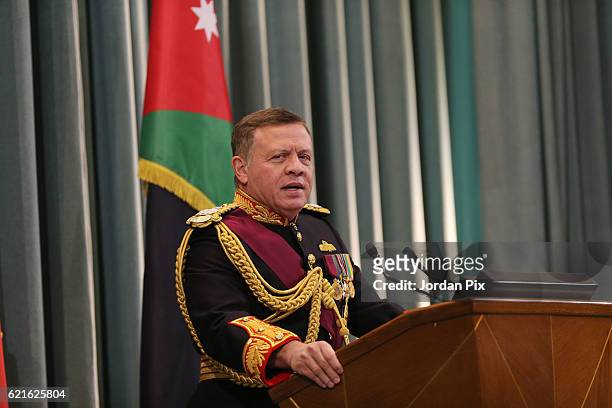 Jordan's King Abdullah II attends the State opening of the Parliament on November 7 in Amman, Jordan. King Abdullah addressed the recently elected...