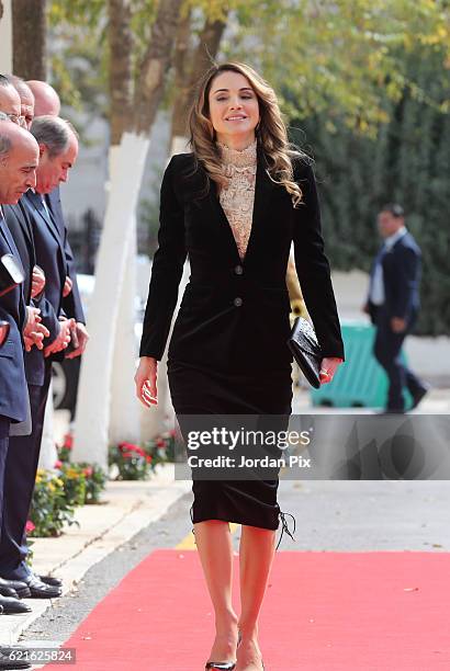 Queen Rania of Jordan arrives at the State opening of the Parliament on November 7 in Amman, Jordan. King Abdullah addressed the recently elected...