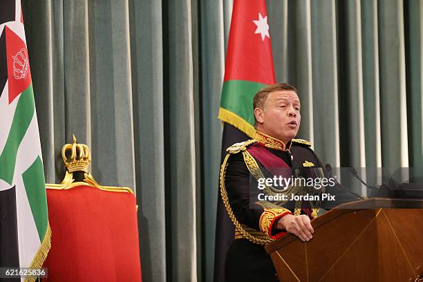 Jordan's King Abdullah II attends the State opening of the Parliament on November 7 in Amman, Jordan. King Abdullah addressed the recently elected...