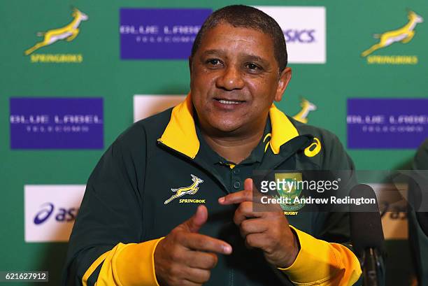 South Africa head coach Allister Coetzee is pictured during a South Africa press conference at Royal Gardens Hotel on November 7, 2016 in London,...