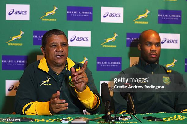 South Africa head coach Allister Coetzee and JP Pietersen are pictured during a South Africa press conference at Royal Gardens Hotel on November 7,...