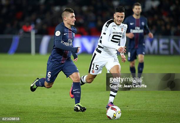Marco Verratti of PSG and Ramy Bensebaini of Rennes in action during the French Ligue 1 match between Paris Saint-Germain and Stade Rennais FC at...