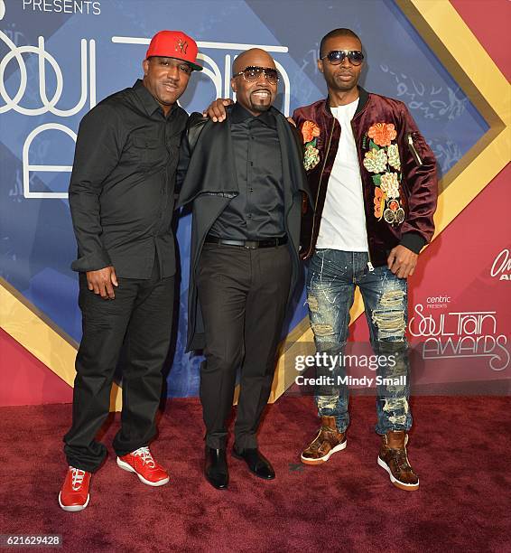 Recording artist Teddy Riley , musicians Markell Riley and Agil Davidson of Wreckx-n-Effect attend the 2016 Soul Train Music Awards at the Orleans...