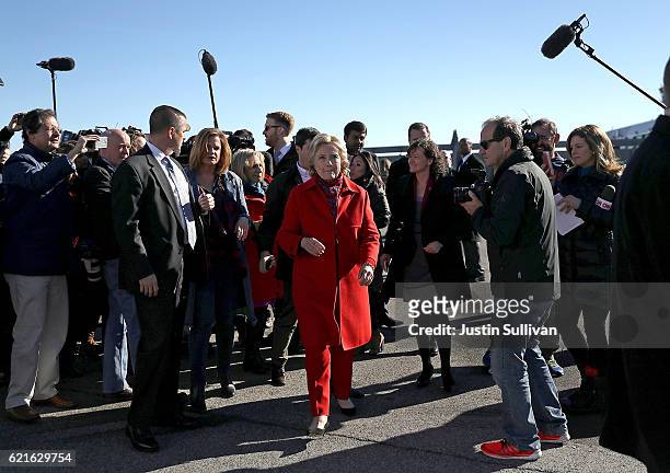 Democratic presidential nominee former Secretary of State Hillary Clinton preapre to board her campaign plane at Westchester County Airport on...