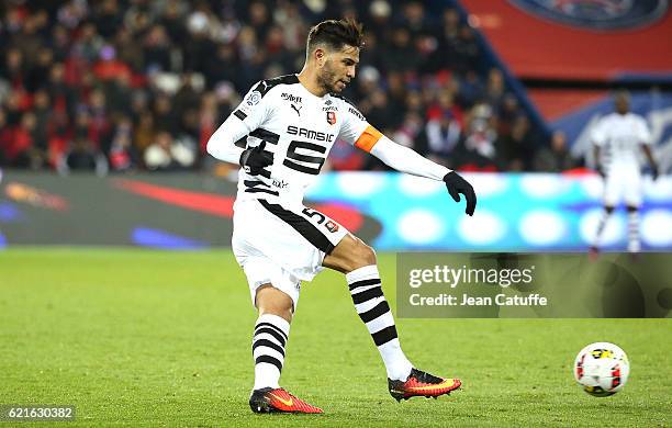 Pedro Mendes of Rennes in action during the French Ligue 1 match between Paris Saint-Germain and Stade Rennais FC at Parc des Princes stadium on...