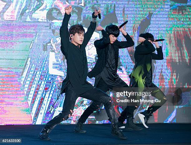 South Korean boy band Infinite perform onstage during the 'Jack Reacher: Never Go Back' Seoul premiere on November 7, 2016 in Seoul, South Korea.