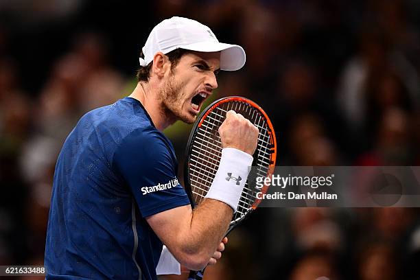 Andy Murray of Great Britain reacts during the Mens Singles Final against John Isner of the United States on day seven of the BNP Paribas Masters at...