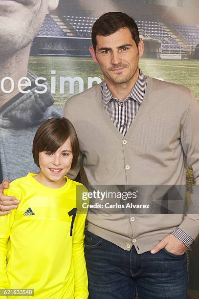 Iker Casillas and Hugo present his Short Film 'Heroes Terrenales' at Corte Ingles Castellana store on November 7, 2016 in Madrid, Spain.